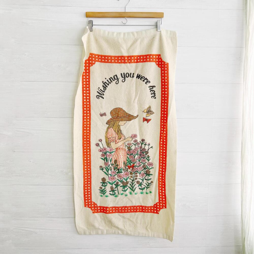 Vintage Towel “Wishing You Were Here” butterfly garden Terry cloth 21” x 41”